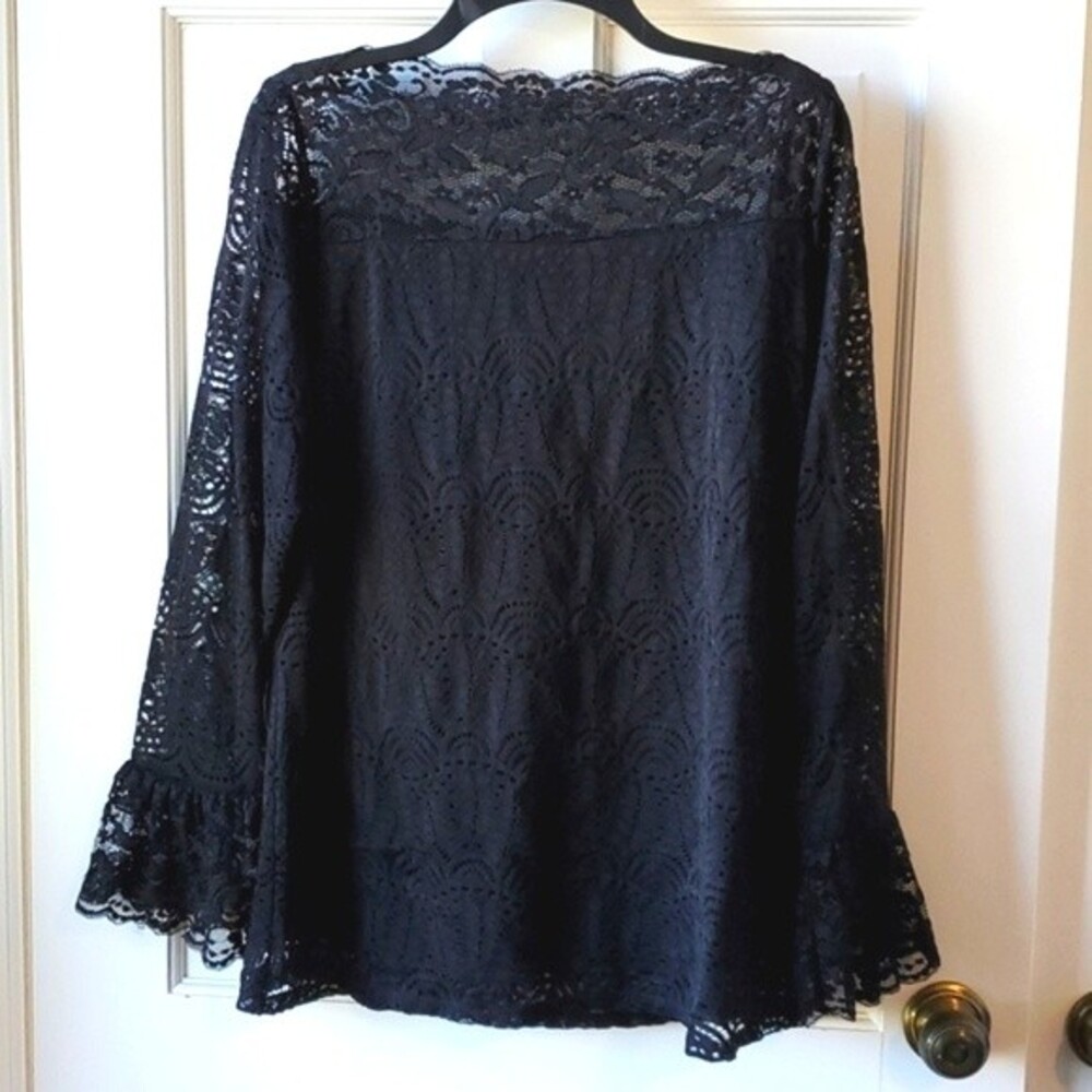NWT ADIVA BLACK STRETCH LACE FESTIVE  HOLIDAY TOP SIZE LONG BELL SLEEVE LARGE